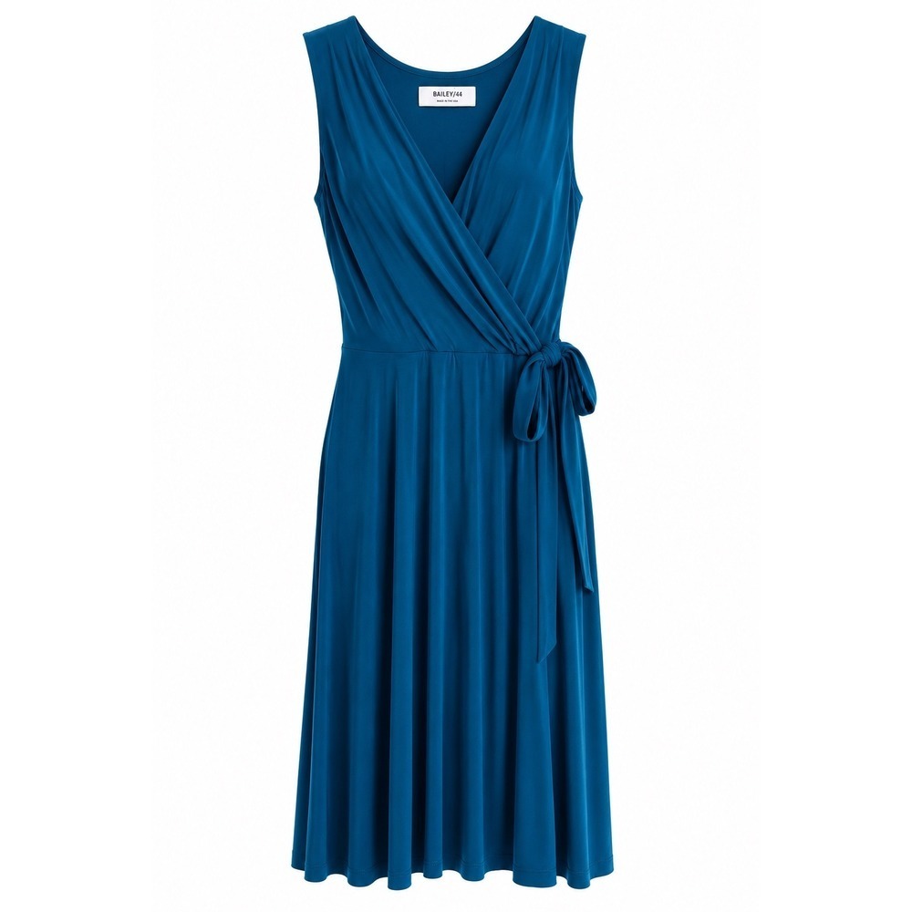 Bailey/44 Blue Wrap Dress L Large Sleeveless Knit A-Line Tie Waist Lined Skirt